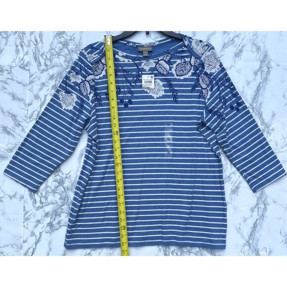 Style & Co. Womens Floral Print Striped 3/4 Sleeve Top Size 0X Blue/White - Picture 3 of 7